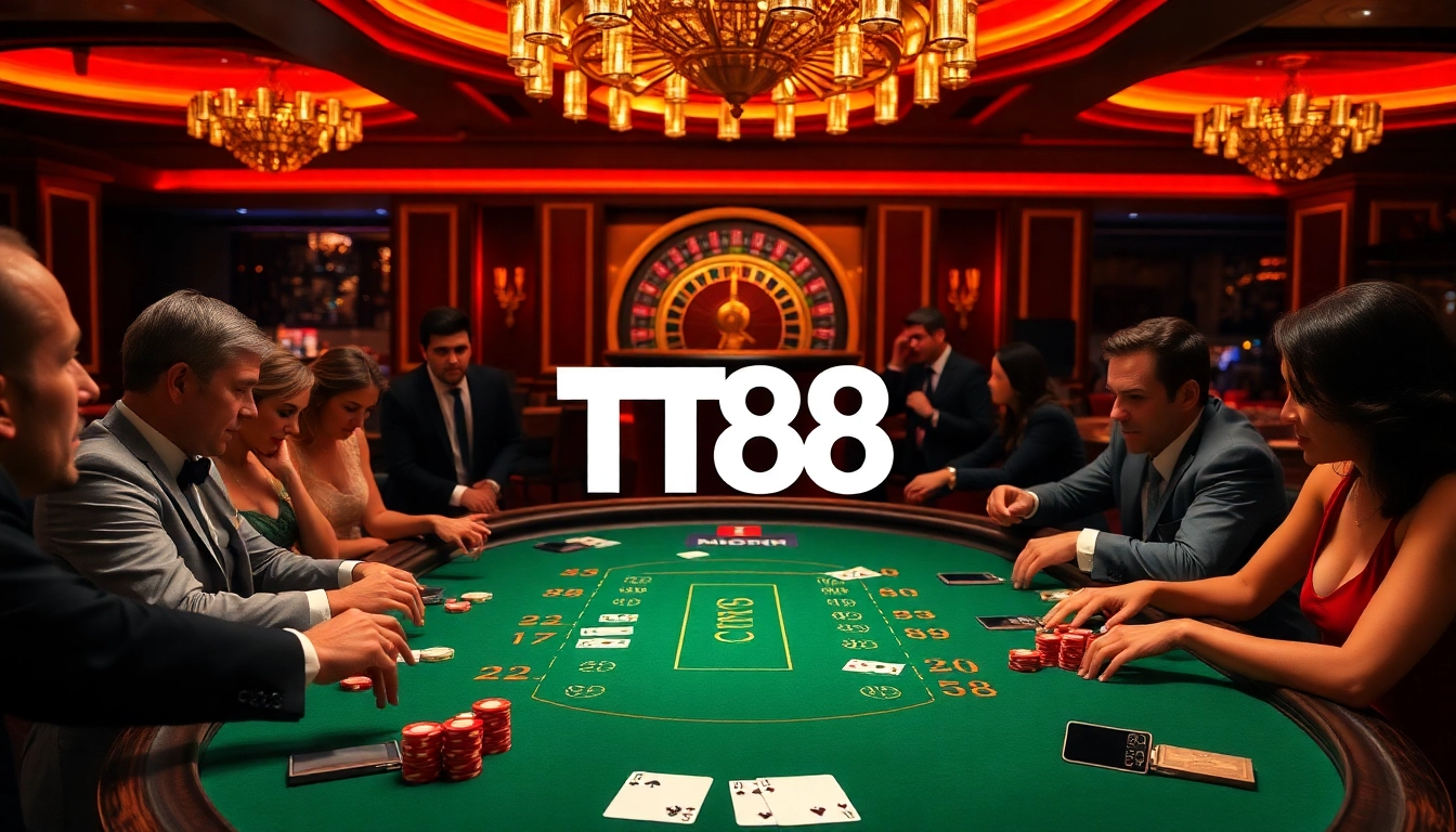 Players engaging in a vibrant TT88 casino scene with poker chips and blackjack table.