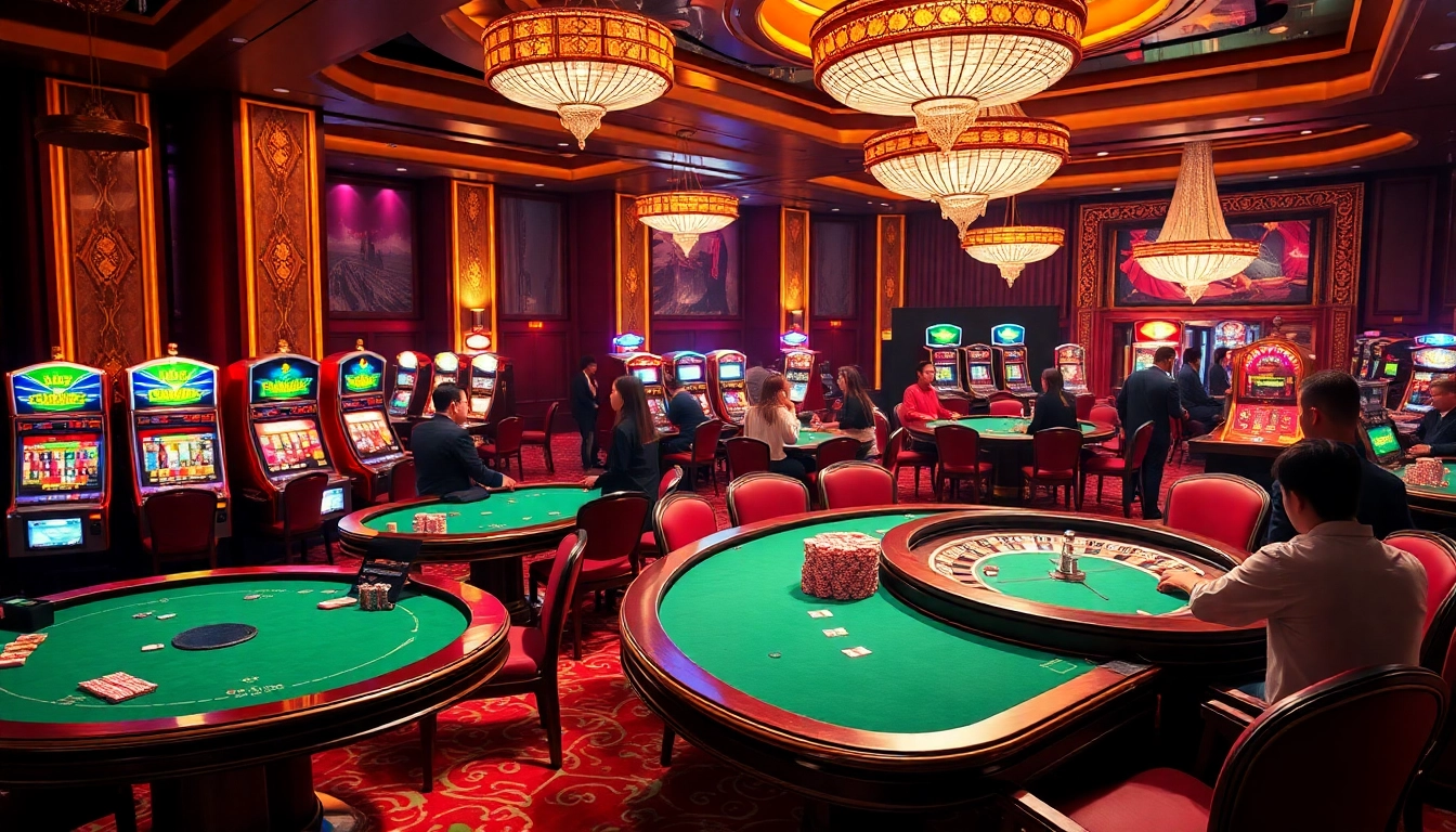 Experience the thrill of KK55 with vibrant casino tables and eager players enjoying games.