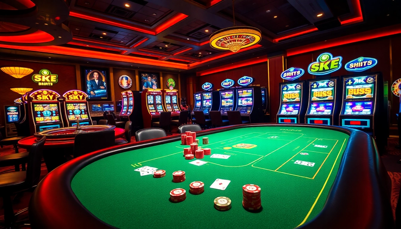 SKY88 casino scene showcasing a vibrant poker table and roulette wheel in a luxurious setting.