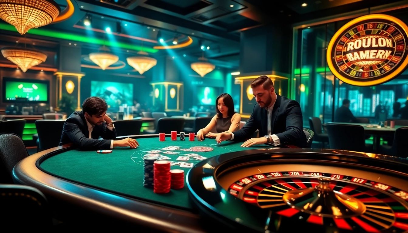 Experience the thrill of QQ88 as players engage in high-stakes poker at a glamorous casino table.