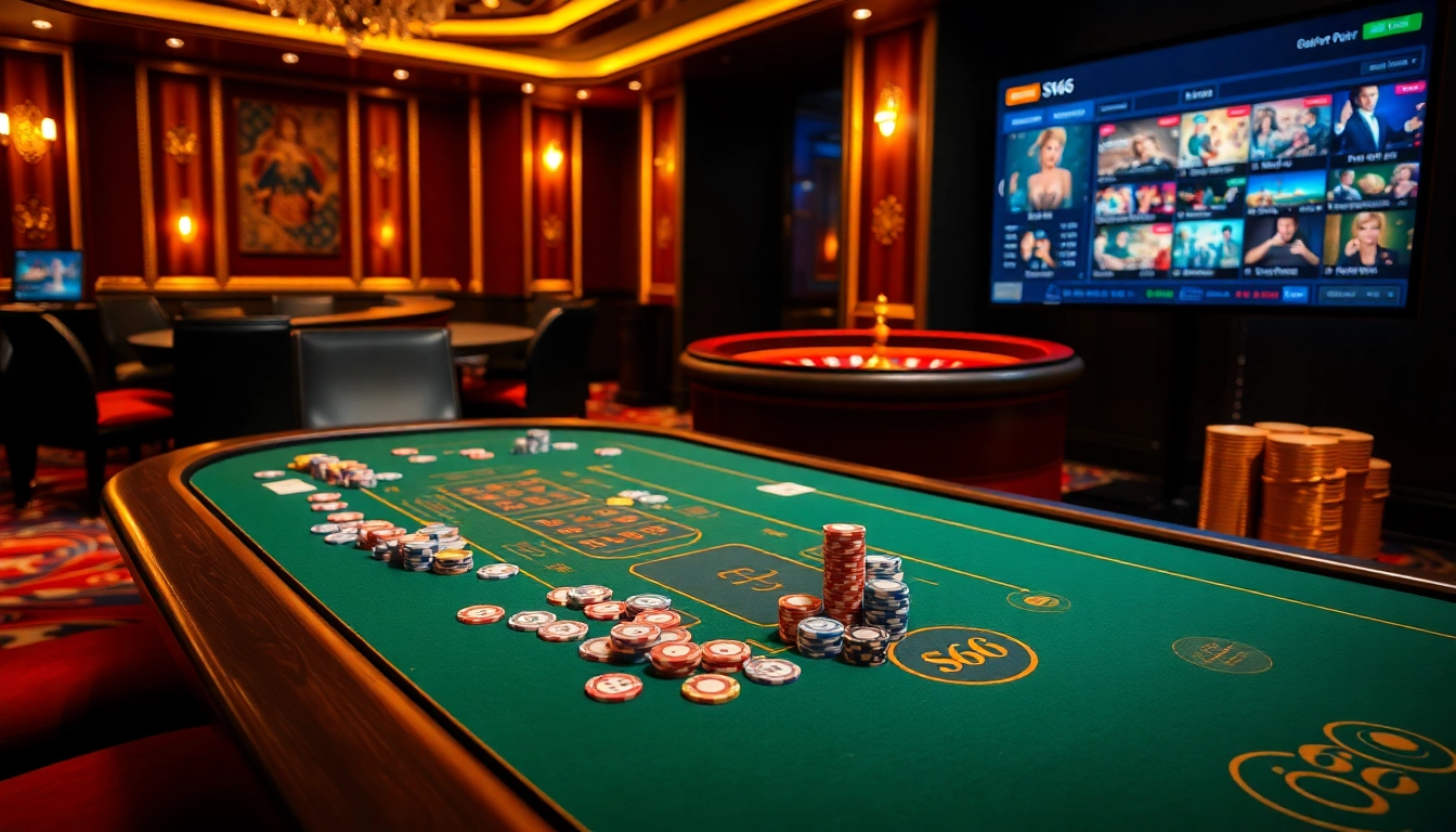 Engaging scene of a poker table with colorful chips, embodying SV66 gambling excitement.