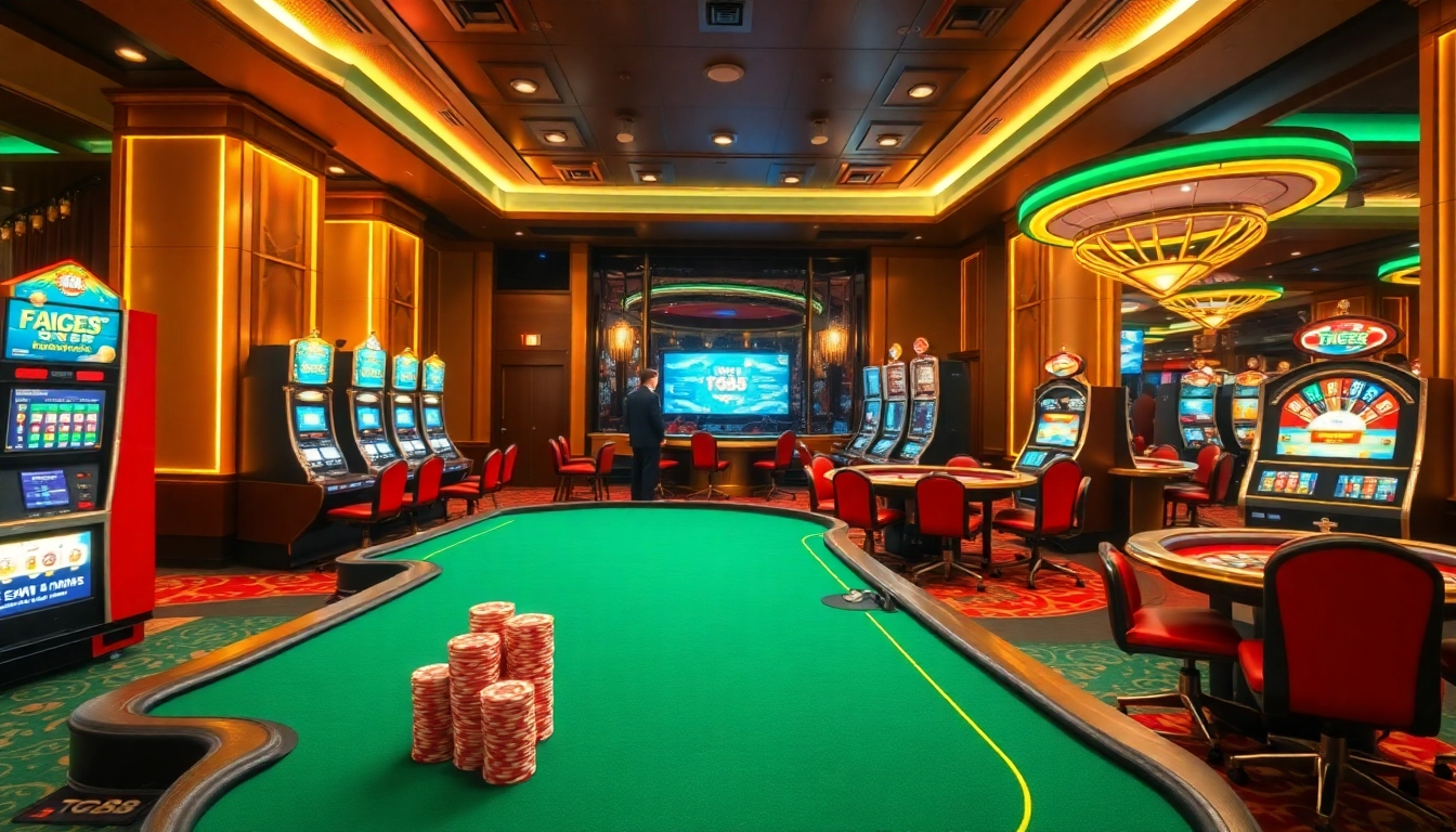 Exciting gaming action at TG88 casino with vibrant tables, poker chips, and roulette wheels.