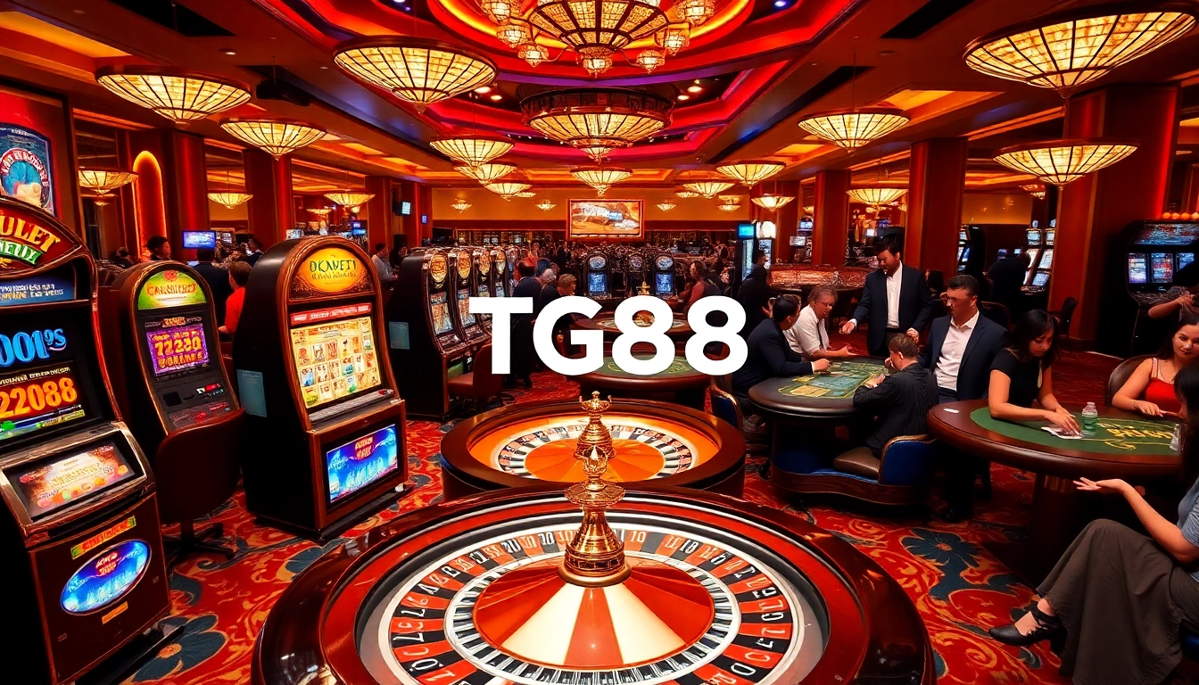 Exciting action at TG88 casino with vibrant slot machines and poker tables.
