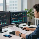 Trader analyzing market trends on xn88nano.com with dual monitors and charts.