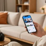 Enjoy streaming with Vidmate app in a cozy living room setting, showcasing mobile video download capabilities.