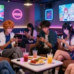 Dynamic group enjoying hentai ai chat in an anime-themed lounge, showcasing vibrant fashion and fun atmosphere.