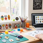 Vibrant workspace showcasing acrylic pins design process with colorful materials.